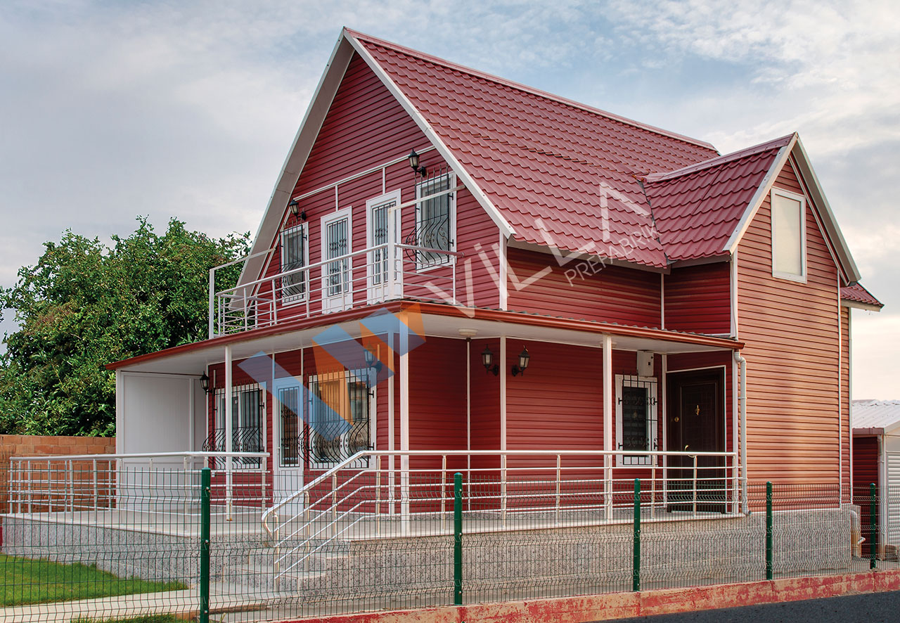 kırmızı dış cephesi olan dubleks prefabrik ev